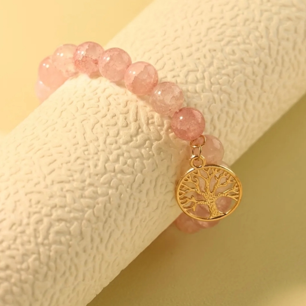 Pink Crystal Beaded Bracelet With Tree Of Life Shape Pendant. - Picture 2 of 6